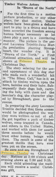 Princess Theatre - 21 Dec 1922 Article